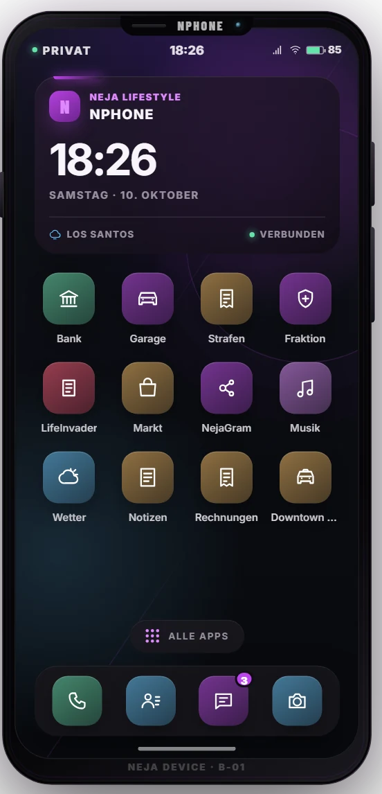 Das NPhone im Spiel: Startbildschirm mit Bank, Garage, Strafen, LifeInvader und NejaGram